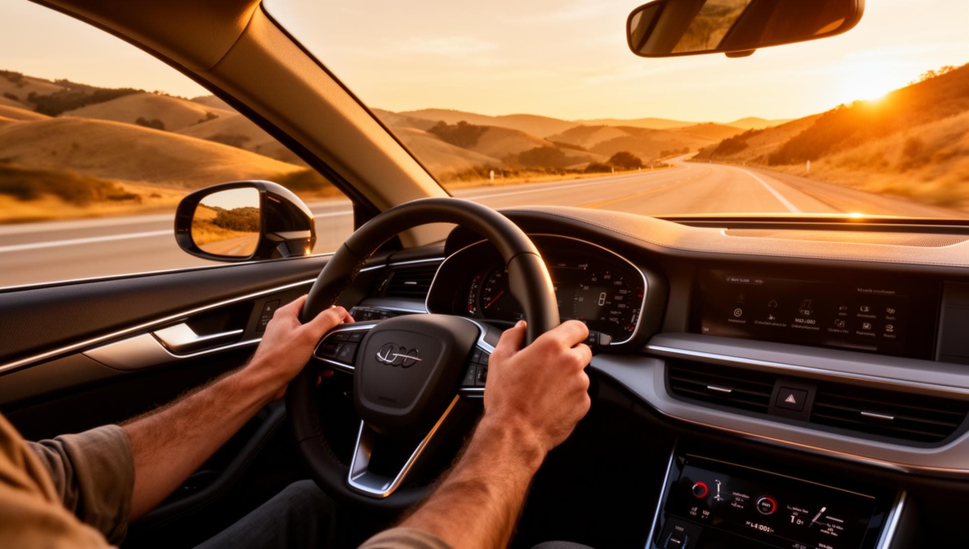 A learner's view from behind the wheel on a clear California road